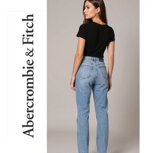 Abercrombie The 90s Straight Ultra High Rise Curve Love Ripped Knee Blue Jeans